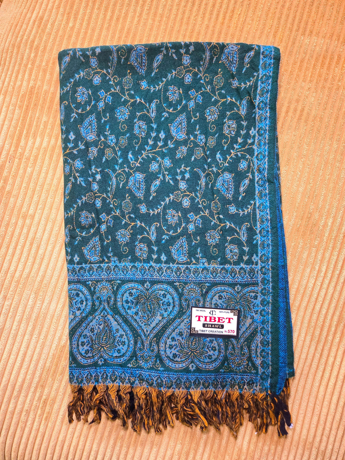 Green & Blue handwoven yak wool shawl wrap, full length