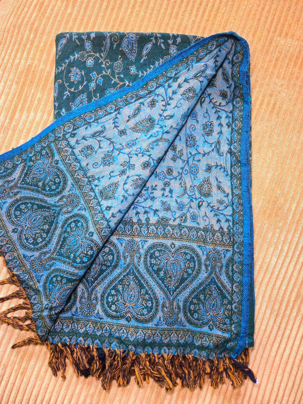 Green & Blue handwoven yak wool shawl wrap, folded