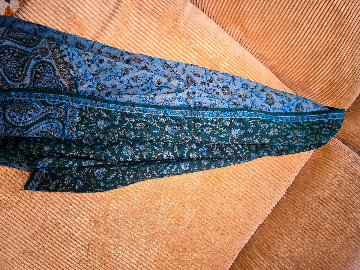 Green & Blue handwoven yak wool shawl wrap, draped