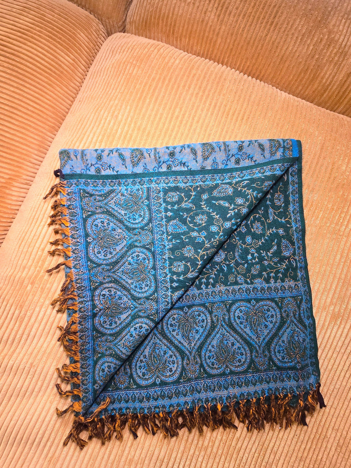 Green & Blue handwoven yak wool shawl wrap, corner and fringe