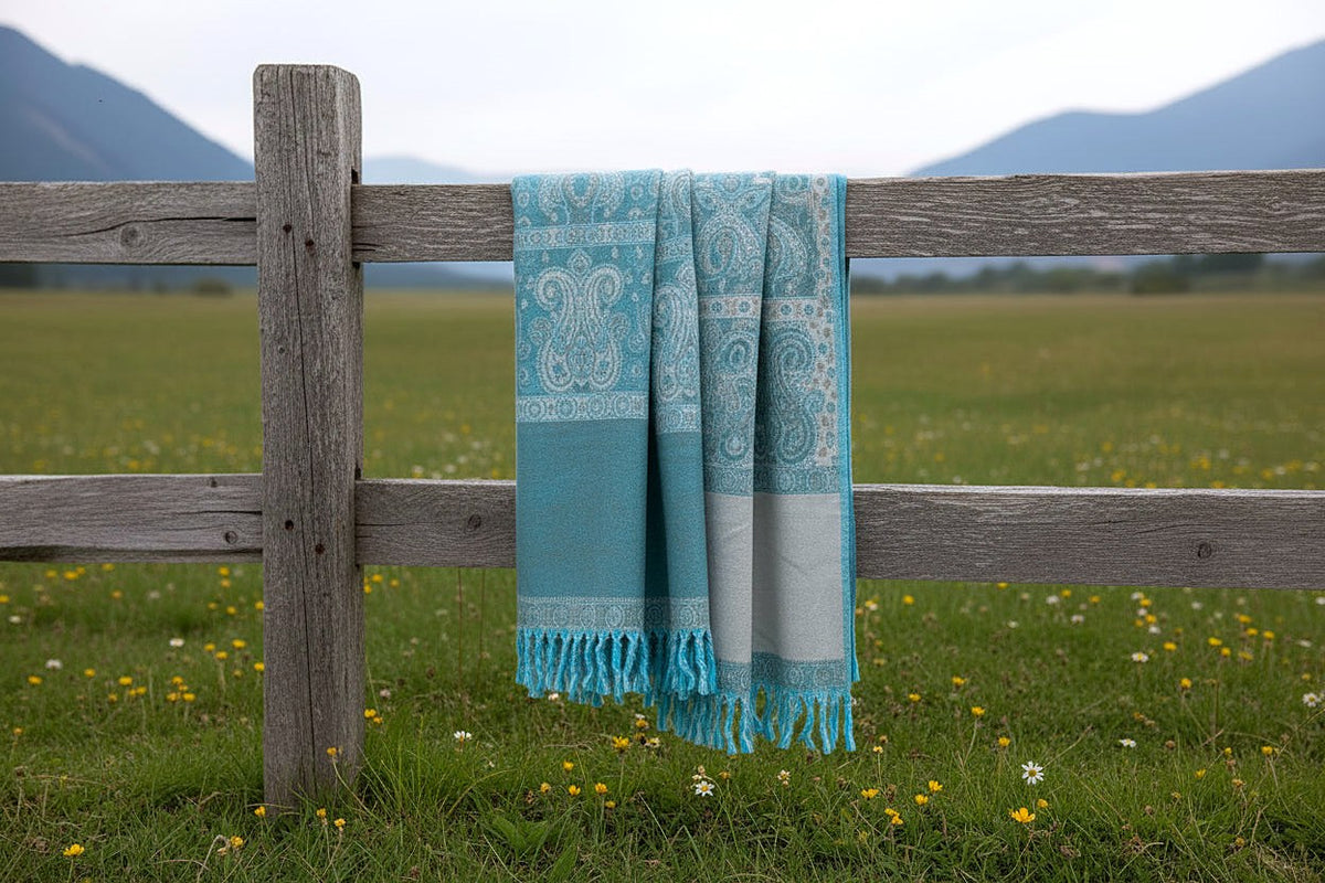 Green & Teal handwoven yak wool shawl wrap, outdoors