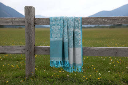 Green & Teal handwoven yak wool shawl wrap, outdoors