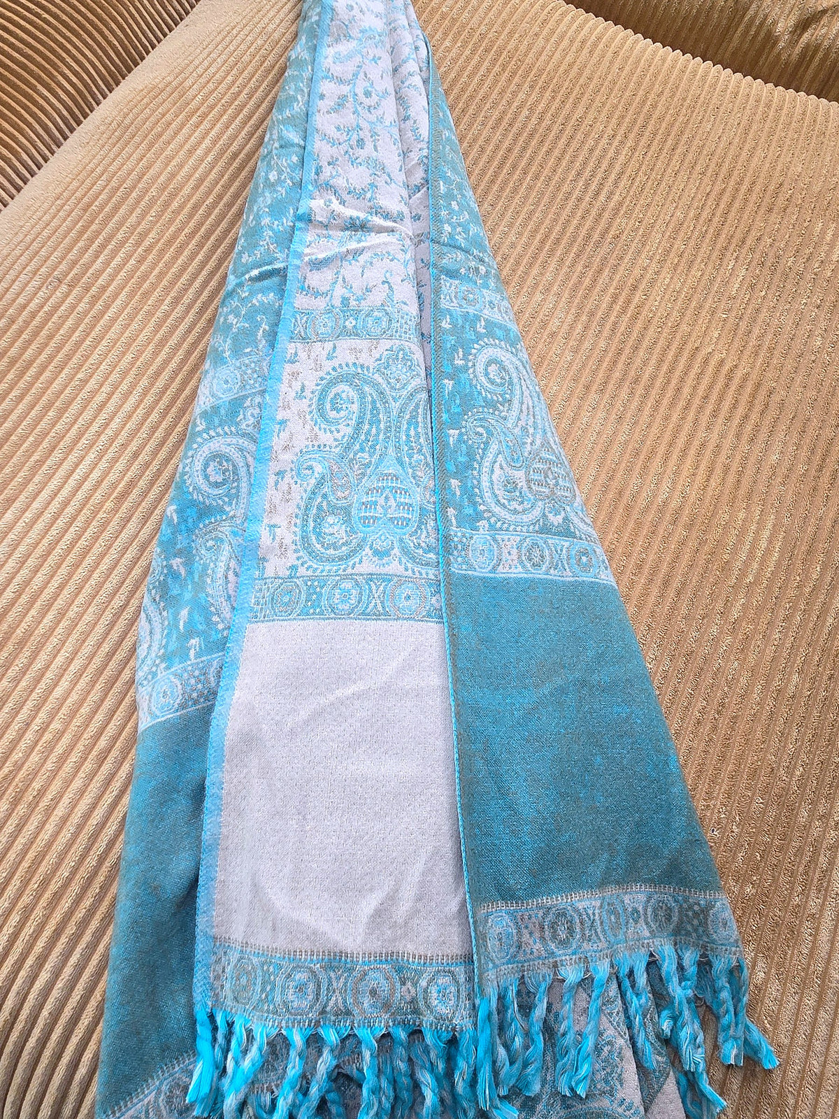 Green & Teal handwoven yak wool shawl wrap, draped