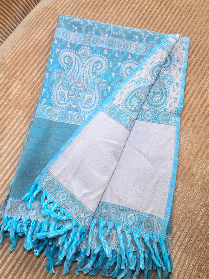 Green & Teal handwoven yak wool shawl wrap, border detail