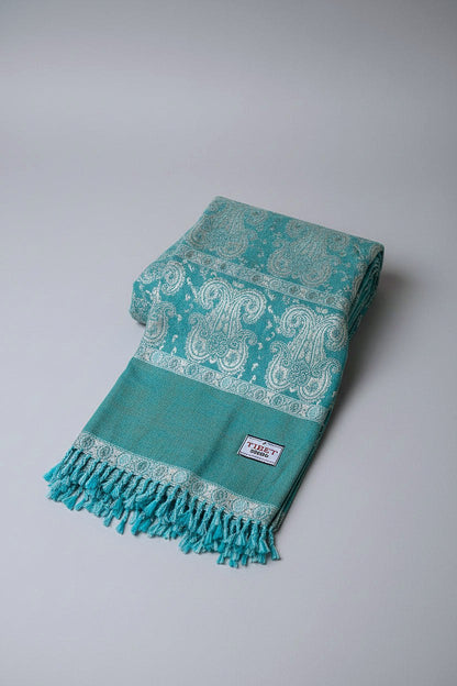 Green & Teal handwoven yak wool shawl wrap, folded on white