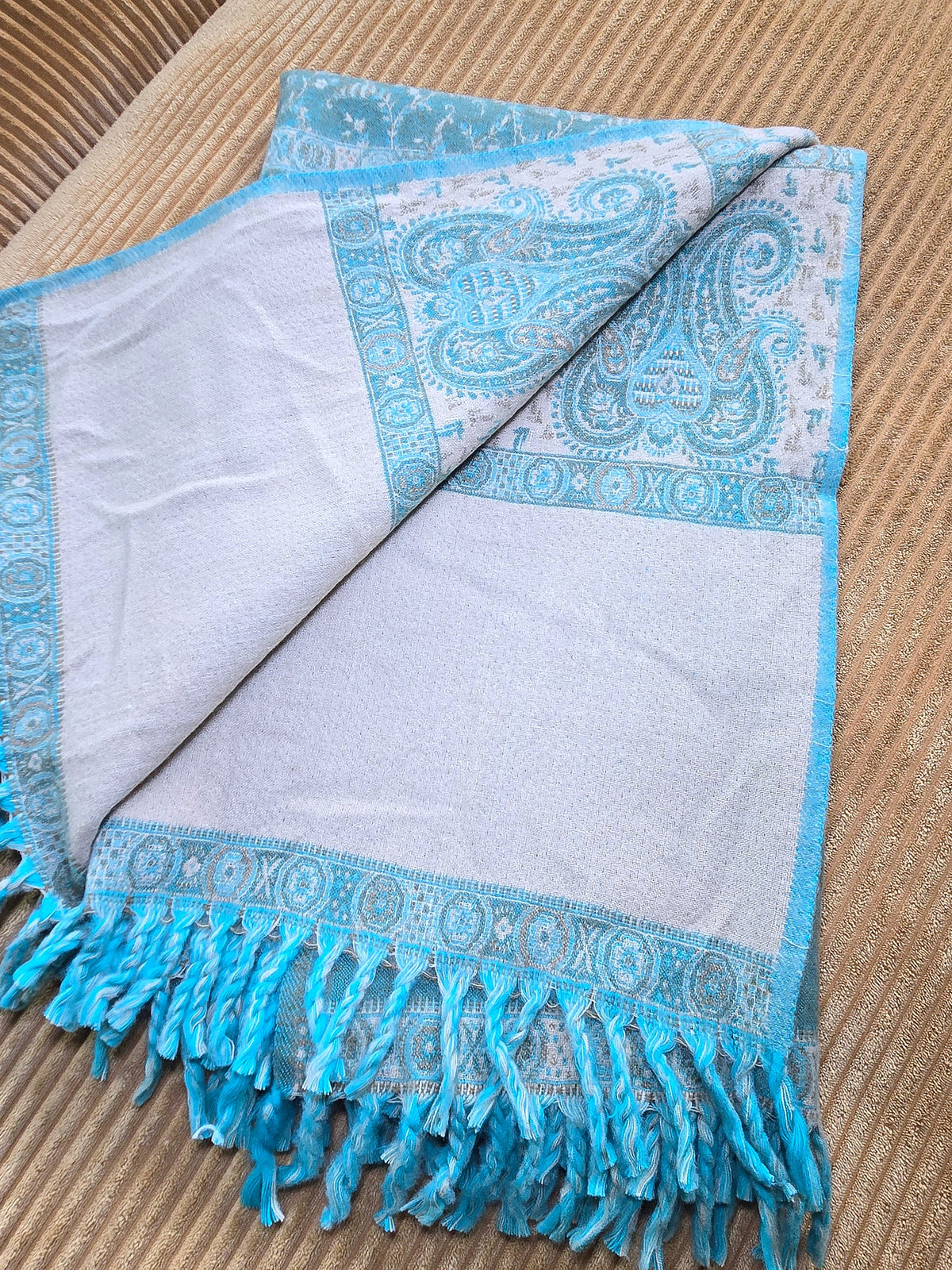 Green & Teal handwoven yak wool shawl wrap, fringe