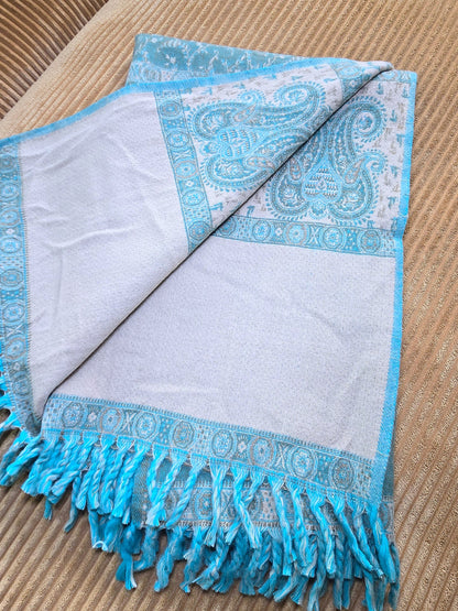 Green & Teal handwoven yak wool shawl wrap, fringe