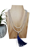White Jade 108 Mala Beads Necklace, Prayer Beads, Meditation beads of 8/10 mm beads with Blue/Maroon Tassel.
