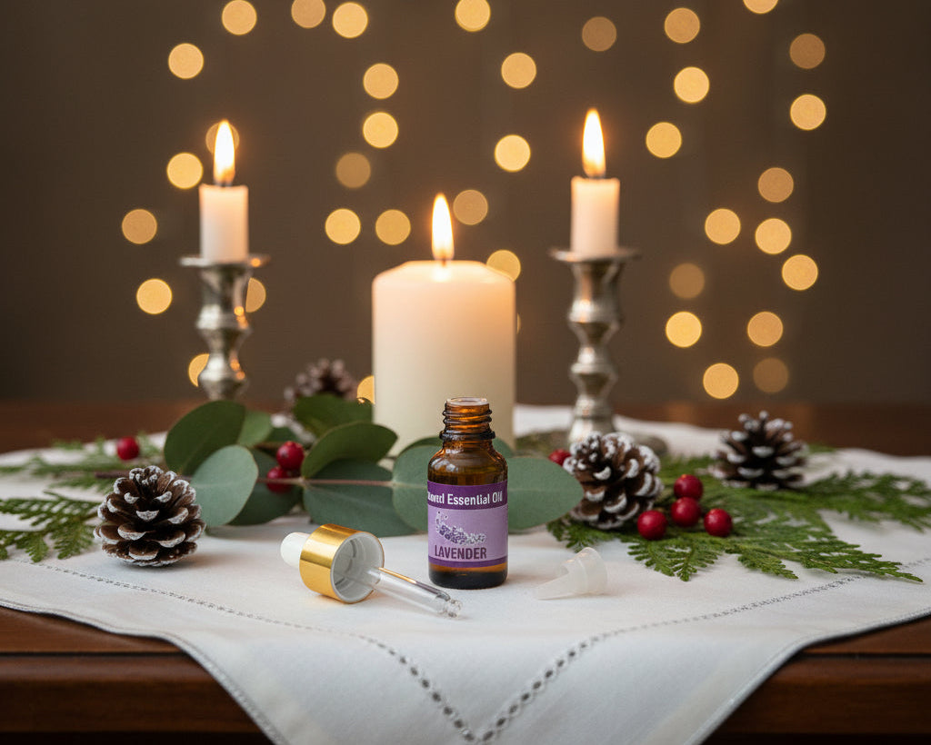 Lavender essential oil bottle with the glass pipette dropper and push-in drop reducer