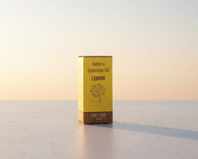Lemon essential oil in its printed Tibet Tree of Life box, 10ml