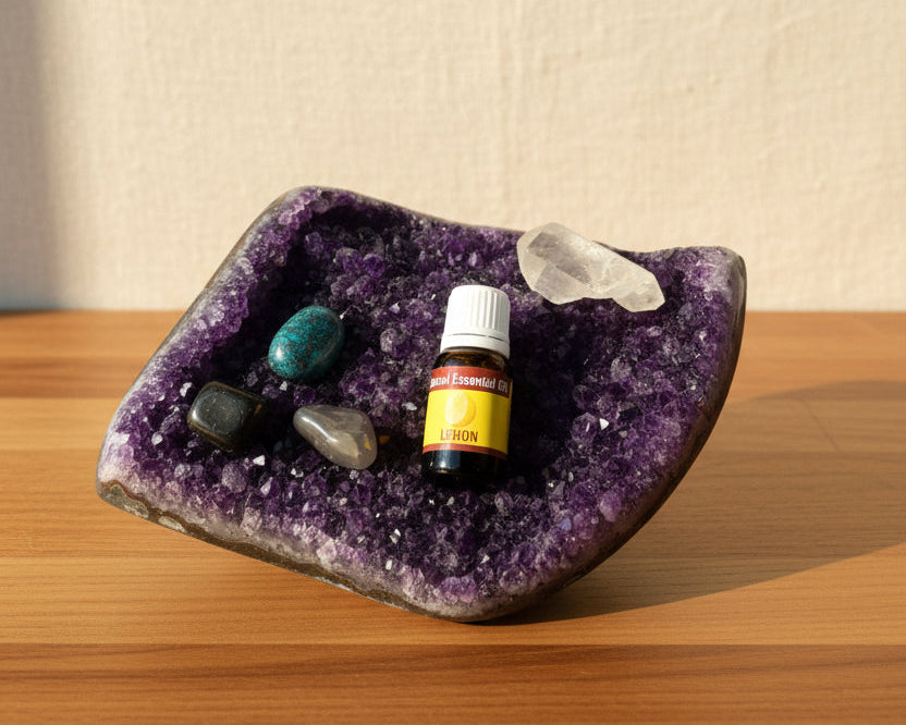 Lemon essential oil bottle on a raw amethyst crystal