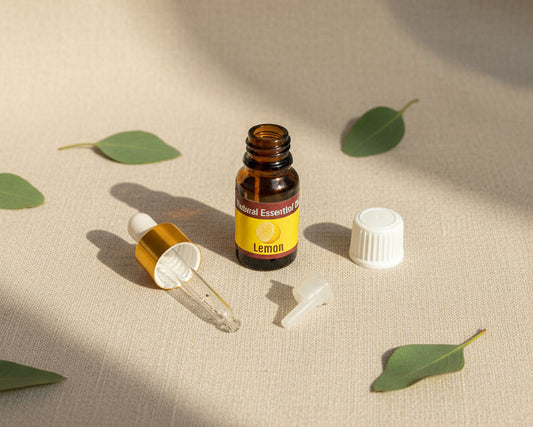 Lemon essential oil bottle with the glass pipette dropper and push-in drop reducer