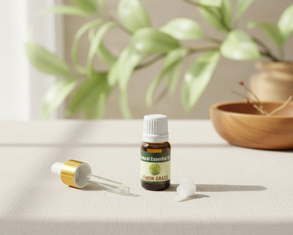 Lemongrass essential oil bottle with the glass pipette dropper and push-in drop reducer