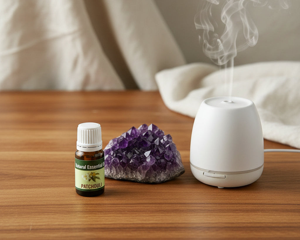 Patchouli essential oil bottle on a raw amethyst crystal