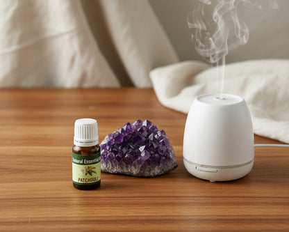 Patchouli essential oil bottle on a raw amethyst crystal