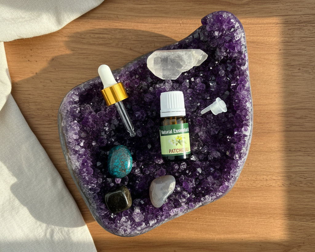 Patchouli essential oil with the glass dropper and drop reducer on amethyst