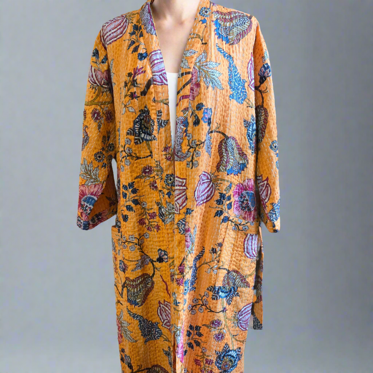 Autumnal Leaves Kantha Robe – Warm Tones and Rustic Charm