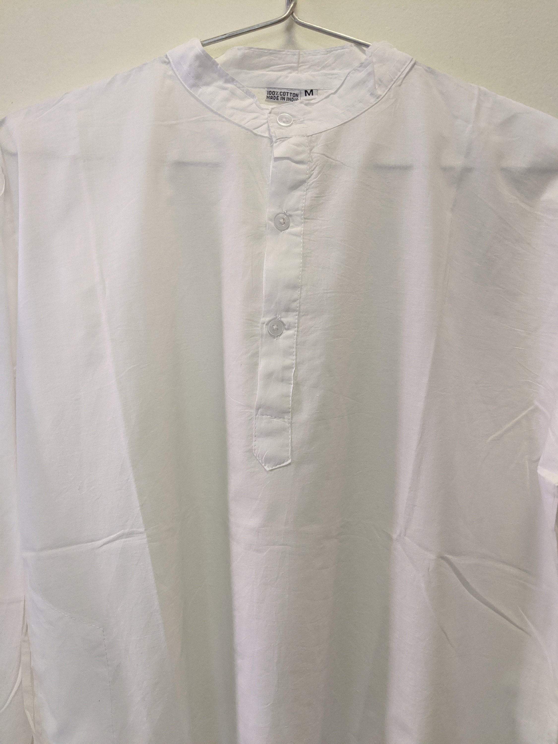 White Cotton Classic Shirt, Tunic, Kurta, Blouse, Band collar for woman or man, Unisex with inner side pocket