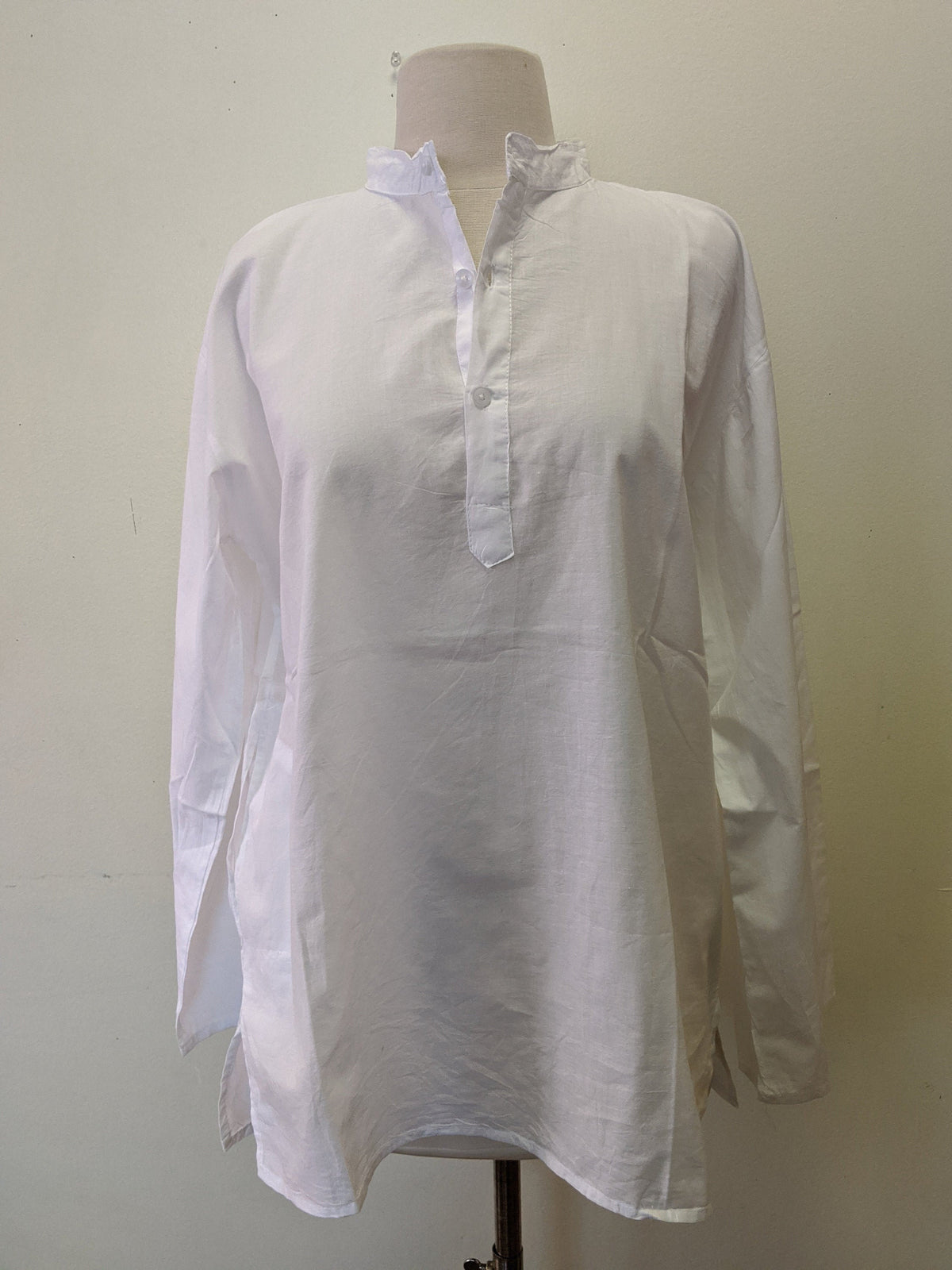 White Cotton Classic Shirt, Tunic, Kurta, Blouse, Band collar for woman or man - Live in Kurta's