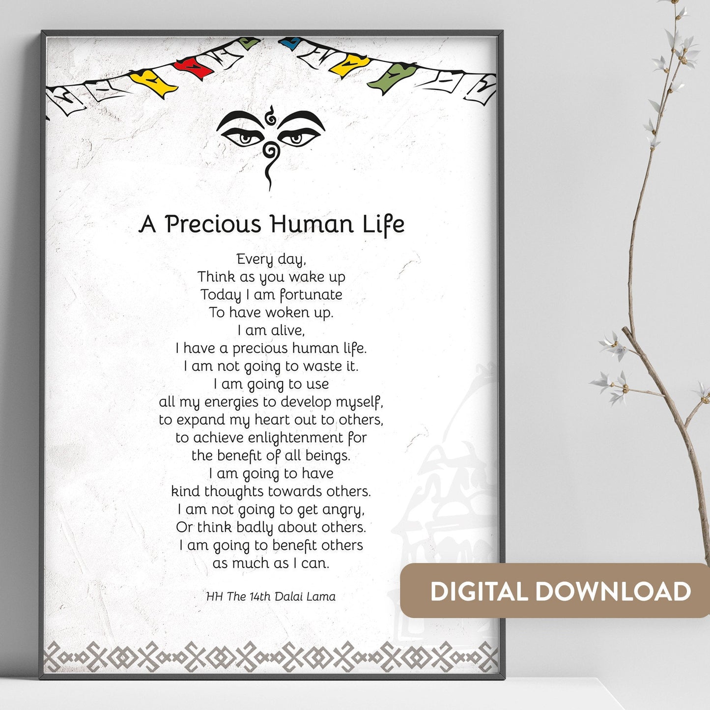 Quotes Prints for Cards, Wall art, Posters. Wisdom quotes by HH the Dalai Lama “A Precious Human Life” for instant download